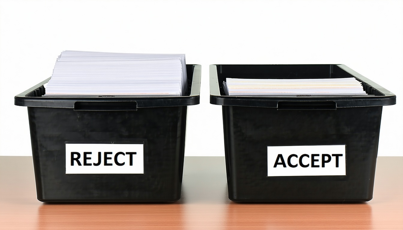 テーブルの上に置かれたファイリング・トレイのうち、1枚は「REJECT」、もう1枚は「ACCEPT-1」と書かれている。