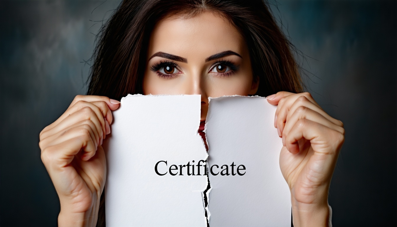 その女性の手は繊細でありながら決然としたもので、太くフォーマルなフォントで「Certificate(証明書)」と書かれた、パリッとした公式のような紙の端を握っている。彼女は素早い動きで、2枚の紙を引き離す、